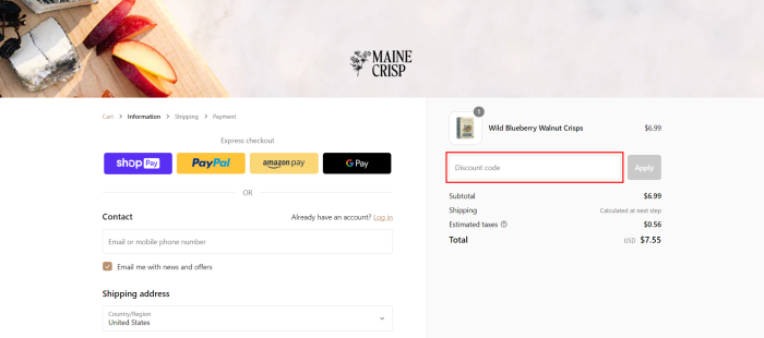 How to use Maine Crisp promo code