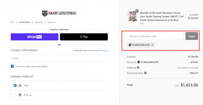 How to use Major Lutie Fitness promo code