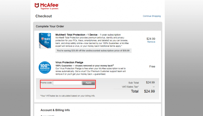 how to apply promo code at McAfee
