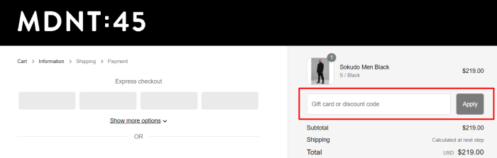 How to use MDNT45 promo code