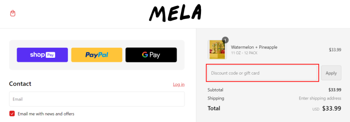 How to use Mela Water promo code
