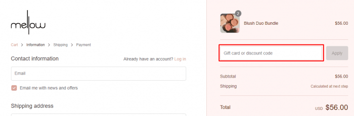 How to use Mellow Cosmetics promo code