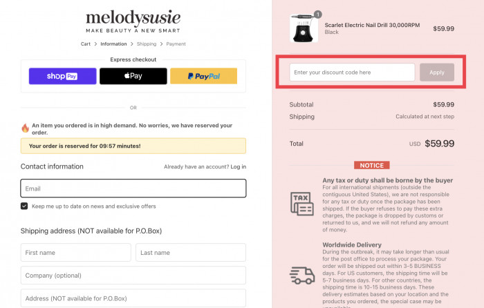 How to apply discount code at MelodySusie
