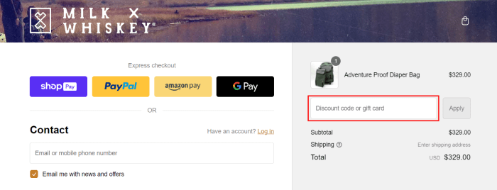 How to use Milk x Whiskey promo code