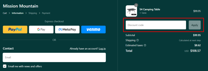 How to use Mission Mountain promo code