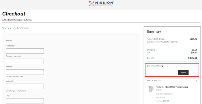 How to use Mission Restaurant Supply promo code