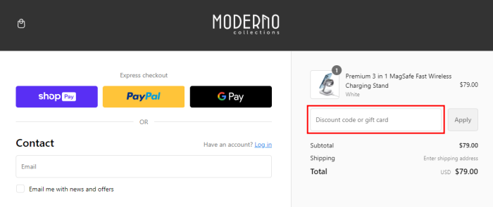 How to use Moderno Collections promo code