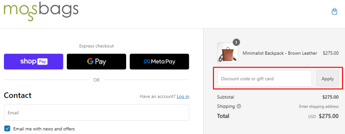 How to use MossBags promo code