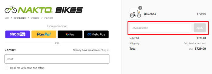 How to use NAKTO BIKES promo code