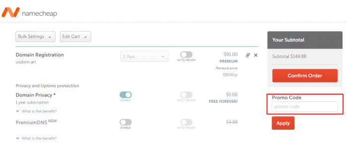 How to use Namecheap promo code