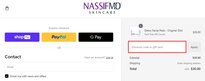 How to use NASSIFMD Skincare promo code