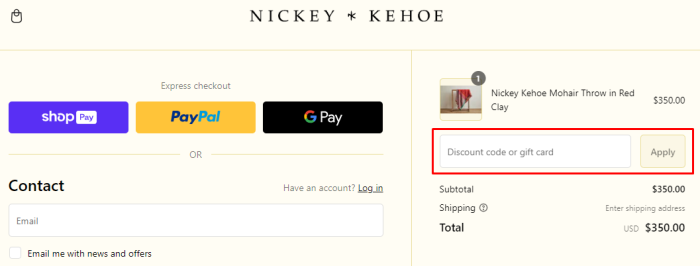 How to use NICKEY KEHOE promo code