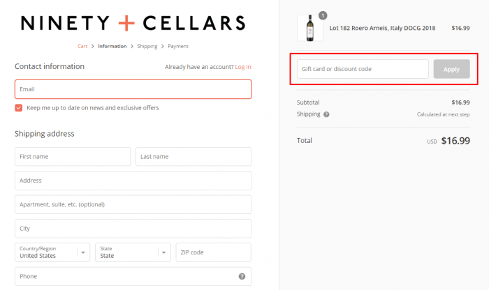 how to apply discount codes at Ninety Plus Cellars