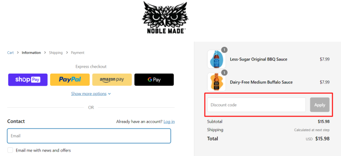 How to use Noble Made promo code