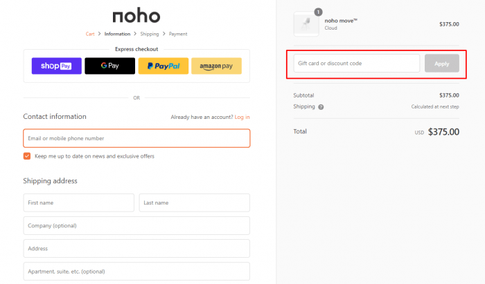 how to apply discount code at Noho