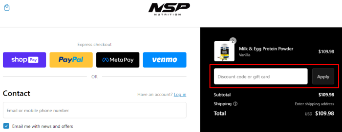How to use NSP Nutrition promo code