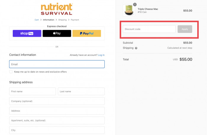 How to apply discount code at Nutrient Survival