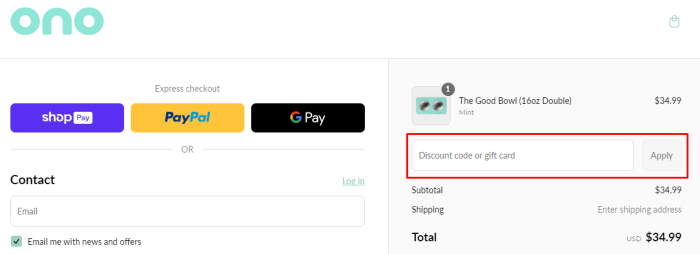 How to use Ono promo code