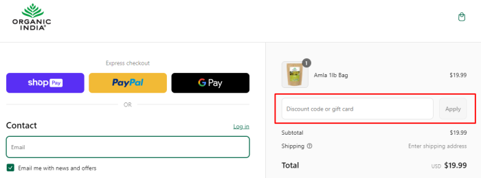 How to use Organic India promo code
