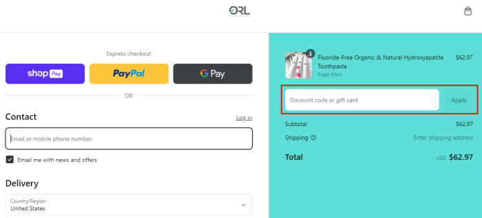 How to use ORL Oral Care promo code