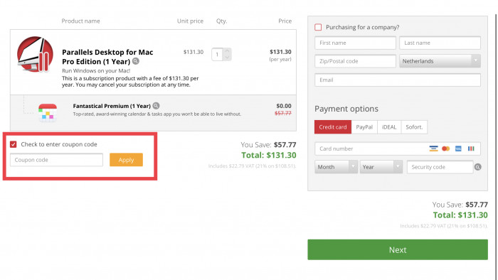 How to use coupon code at Parallels