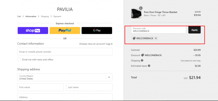 How to use PAVILIA promo code