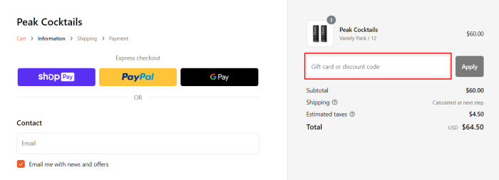 How to use Peak Cocktails promo code