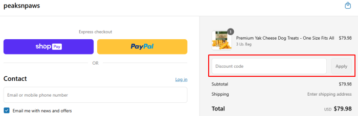 How to use peaksNpaws promo code