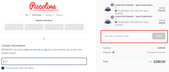 How to use Piccolina promo code