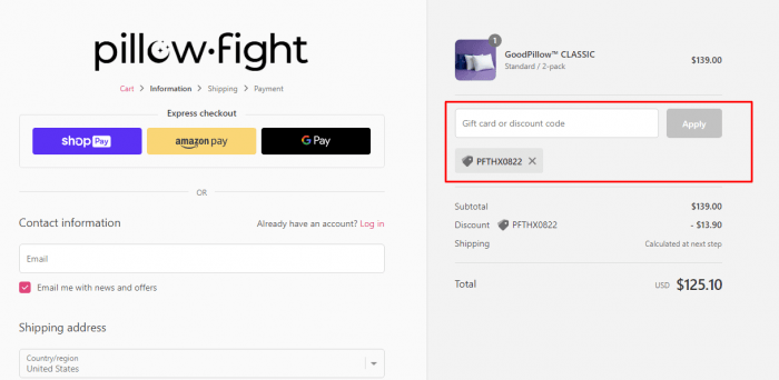 How to use Pillow-Fight promo code