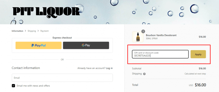 How to use Pit Liquor promo code