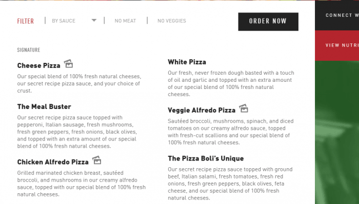 Pizza Boli’s range of products 