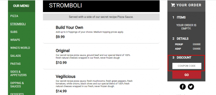 how to apply coupon code at Pizza Boli’s