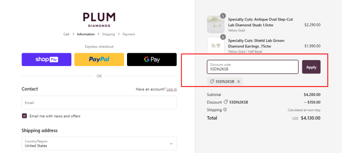 How to use Plum Diamonds promo code