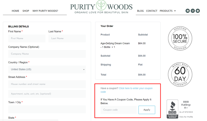 How to use Purity Woods promo code