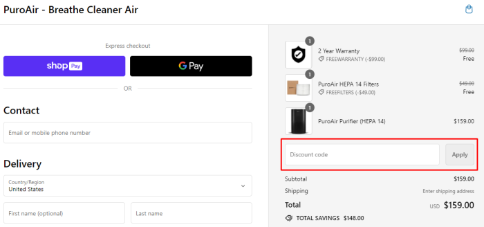 How to use PuroAir promo code