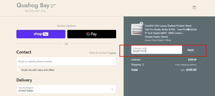 How to use Quahog Bay promo code