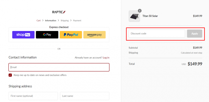 How to use a discount code at Raptic