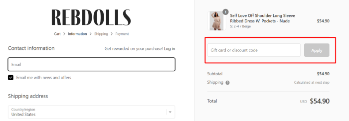 How to use Rebdolls promo code