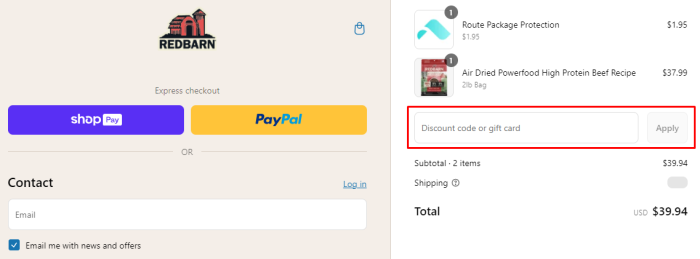 How to use Redbarn promo code