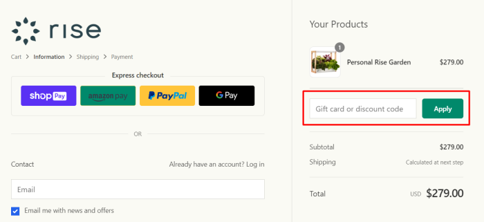 How to use Rise Gardens promo code