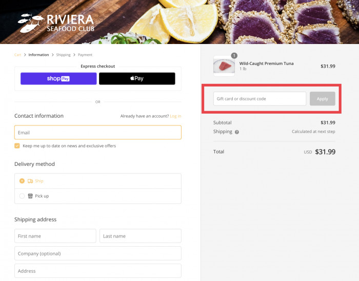 How to apply discount code at Riviera Seafood Club