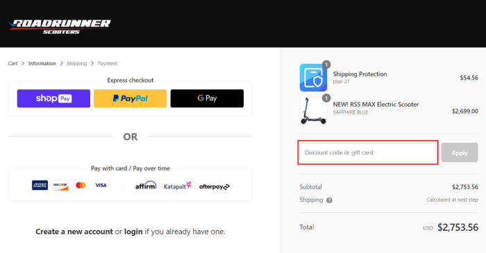 How to use RoadRunner Scooters promo code