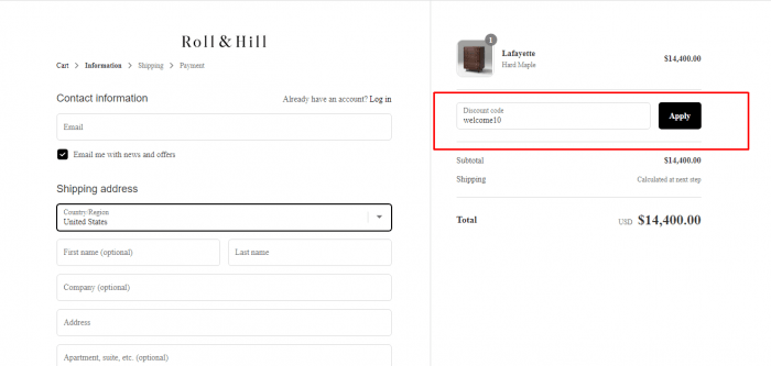 How to use Roll & Hill promo code