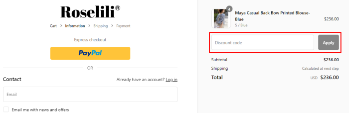 How to use Roselili promo code