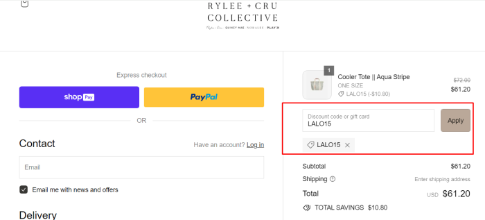 How to use Rylee + Cru promo code