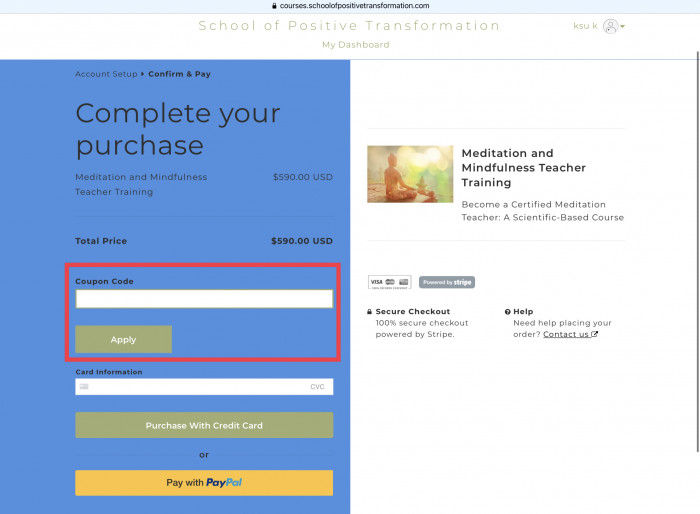How to use coupon code at School of Positive Transformation