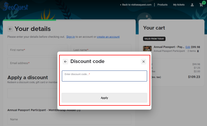 How to use SeaQuest promo code