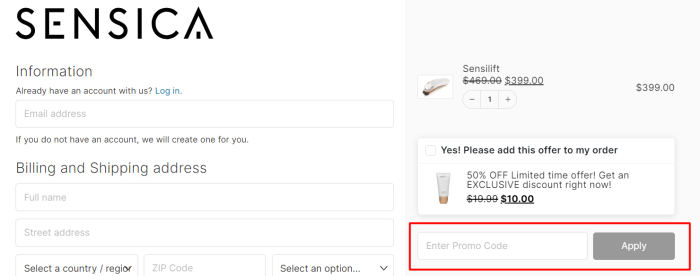 How to use Sensica promo code