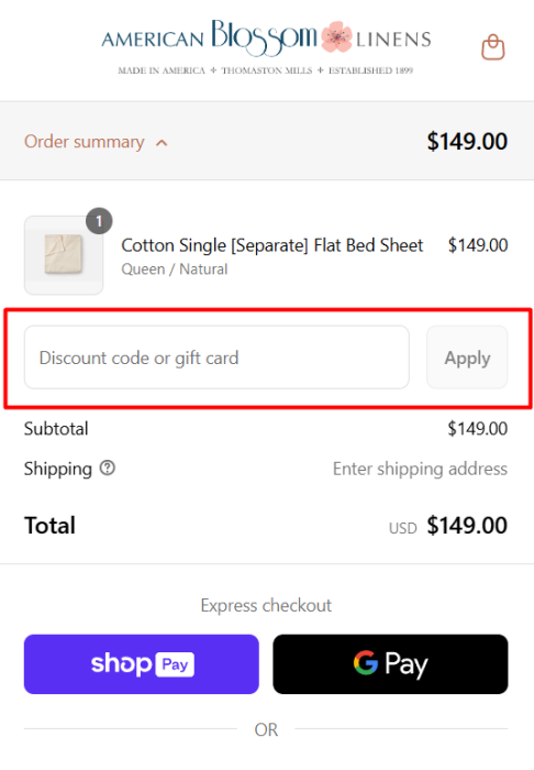How to use American Blossom Linens promo code